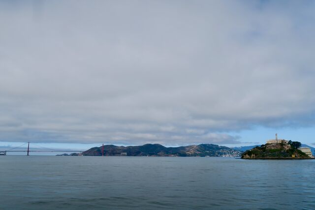 View of Alcatraz Island and the Golden Gate Bridge from the ferry