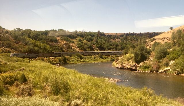 The east-bound California Zephyr approaching the west-bound train in Burns, Colorado