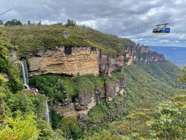 The Scenic Skyway looking over Katoomba Falls and the Three Sisters