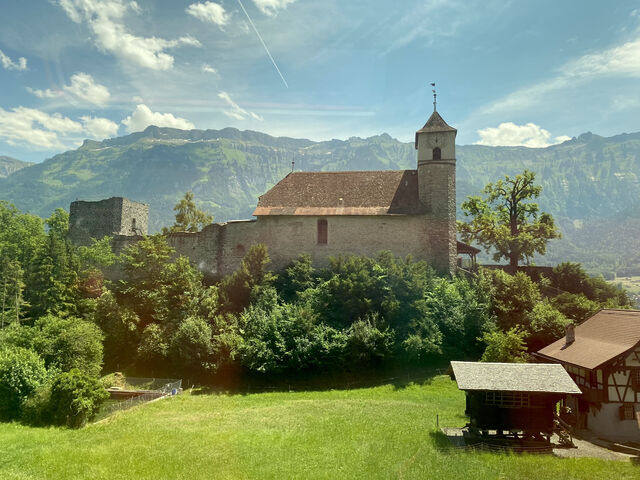 Ringgenberg Castle Church on the northern shore of Lake Brienz. The castle was built during the 12th century. The church was built in the ruins of the castle in 1670.