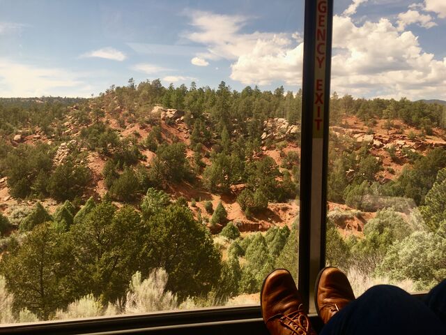 View from the observation lounge as the Southwest Chief passes Pecos National Historical Park, New Mexico