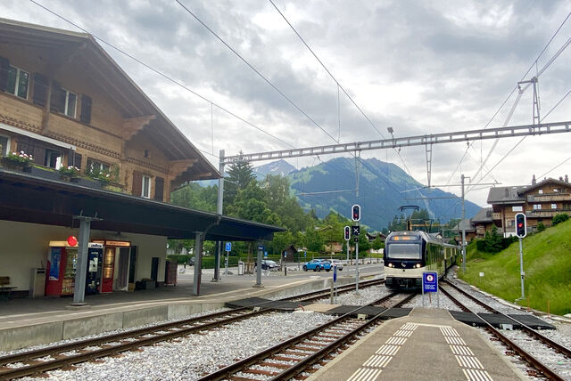 The GoldenPass Belle Époque pulling into Gstaad Station