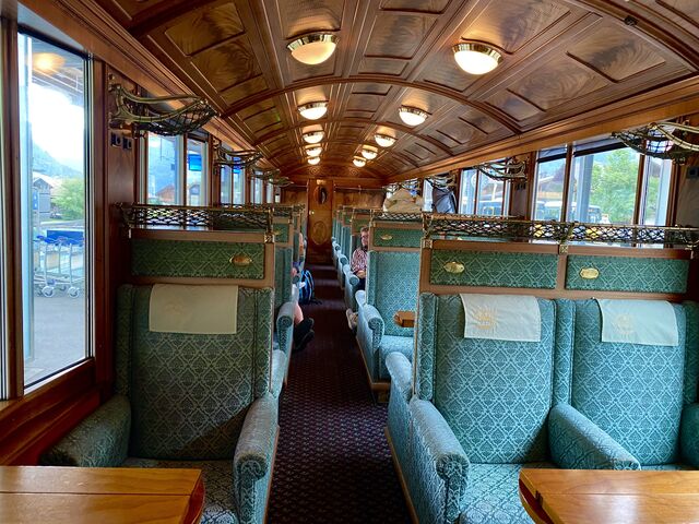 The beautiful interior of the first class carriage on the GoldenPass Belle Époque