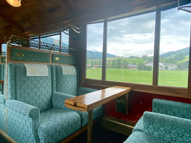 The beautiful interior of the first class carriage on the GoldenPass Belle Époque