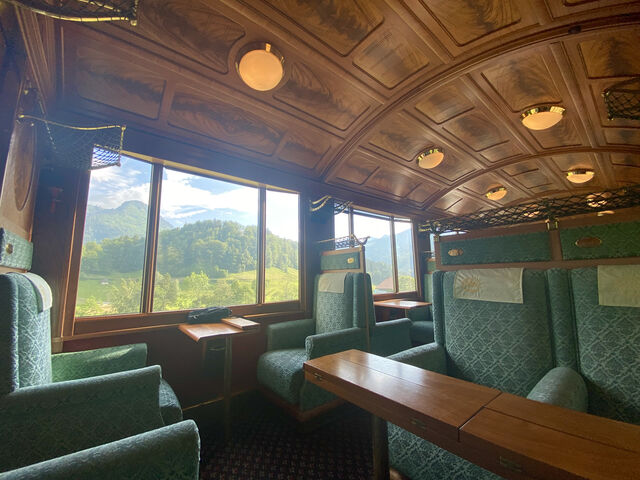 The beautiful interior of the first class carriage on the GoldenPass Belle Époque