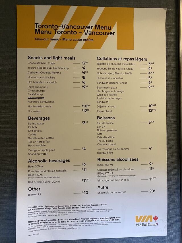 The menu on board The Canadian