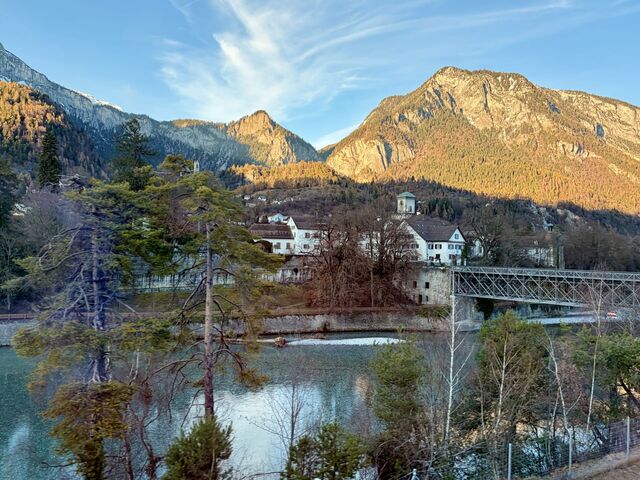 Reichenau Rhine Bridge with Reichenau Castle (constructed 16th Century) in the background